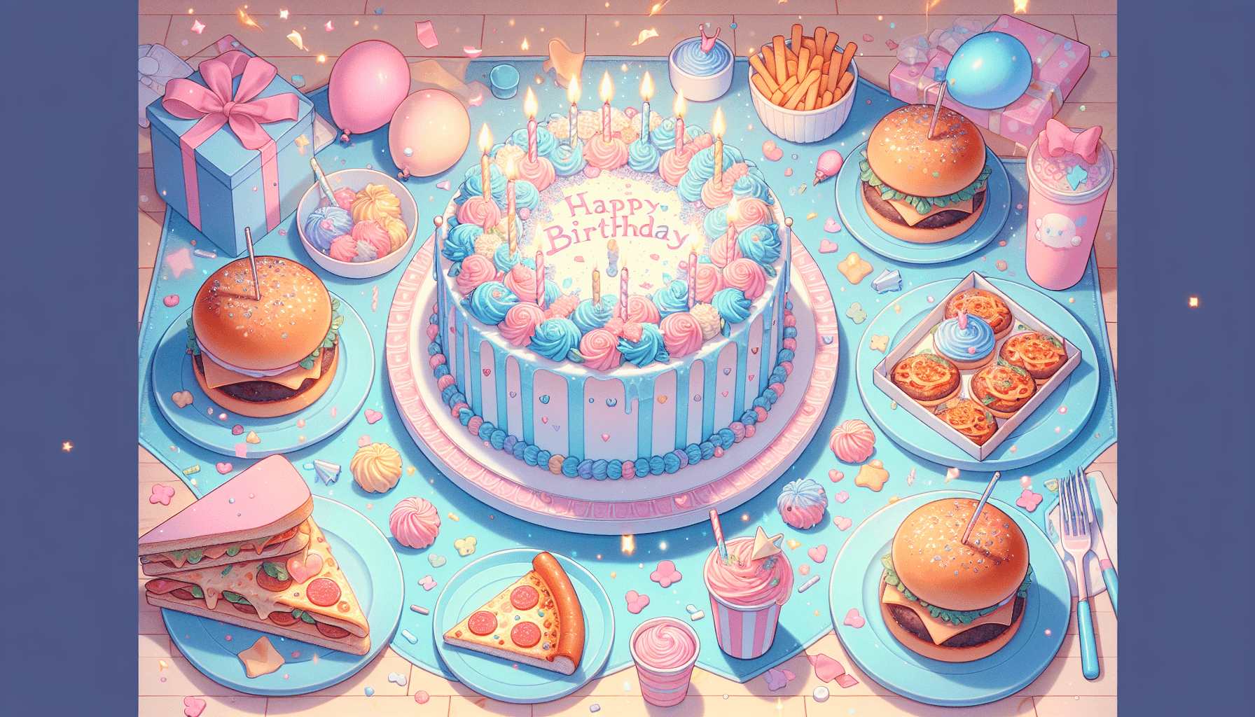 Birthday table with pizza, cake, and burgers